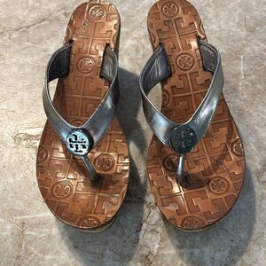 Tory Burch Pewter Cork Wedge Sandals